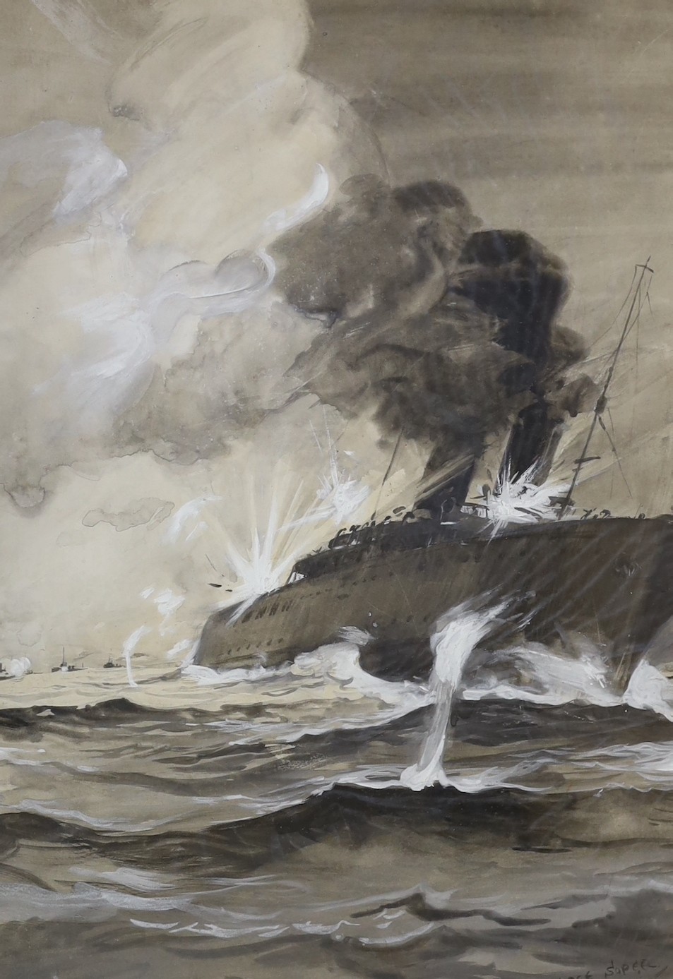 George Soper (1870-1942), watercolour and gouache on paper, Merchant ship under attack, signed, 40 x 29cm